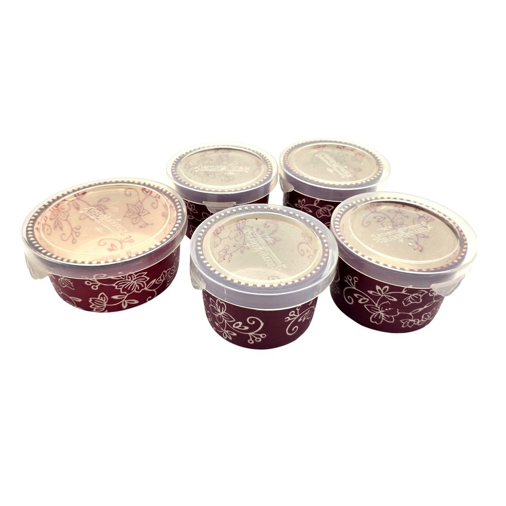 Temp-tations by Tara Floral Lace Cranberry Red Ramekin Set with Lids 5pc 5oz K2